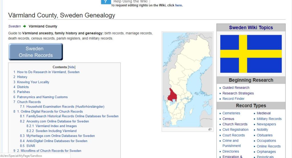 Swedish page name showing varmland county with words and map