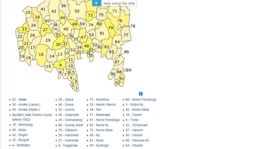 swedish page showing parish names of Varmland county