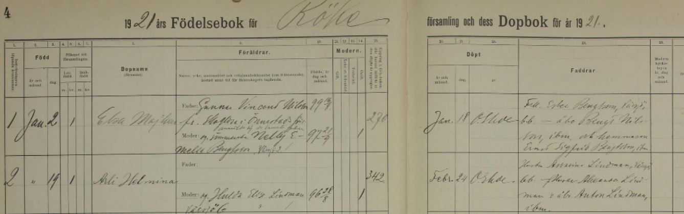 Swedish birth record from 1921 in Roke Parish, Sweden