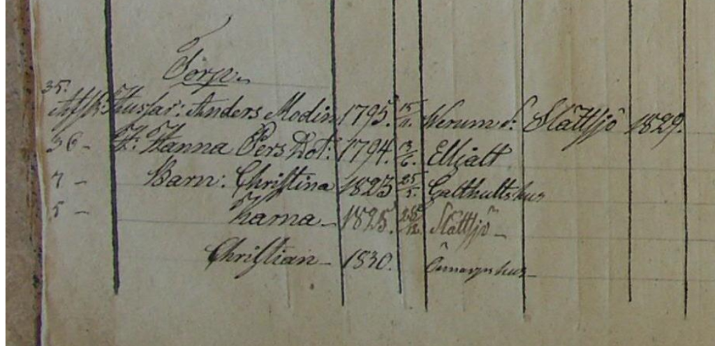 screenshot of Swedish household examination record from Roke Parish, Sweden