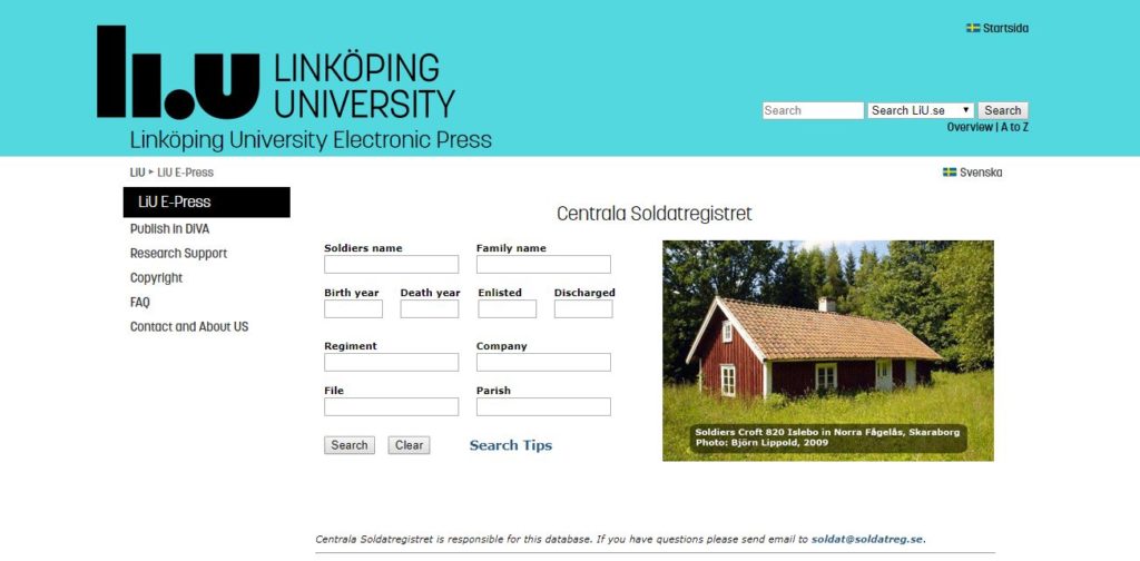 Swedish military database homepage