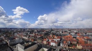 overview of Copenhagen City with sunny sky in background