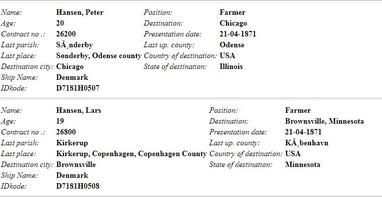 Danish Emigration website entry of Danish immigrants to America