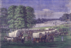 covered wagons and pioneer standing at the rivers edge, painting