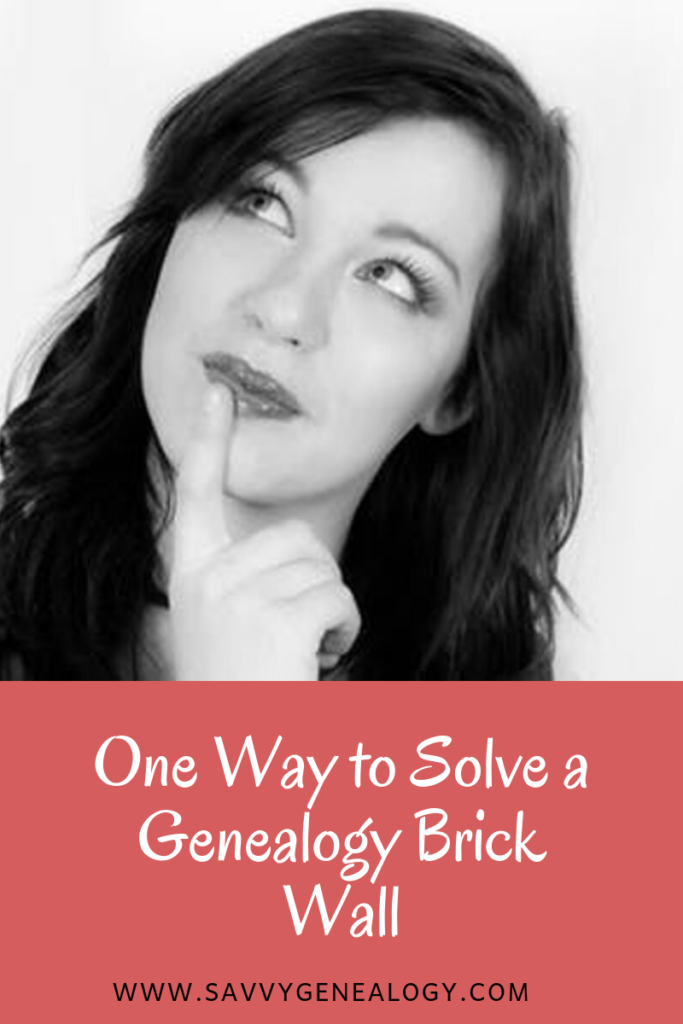 one way to do research to solve a brick wall, www.savvygenealogy.com, woman thinking with finger on bottom lip